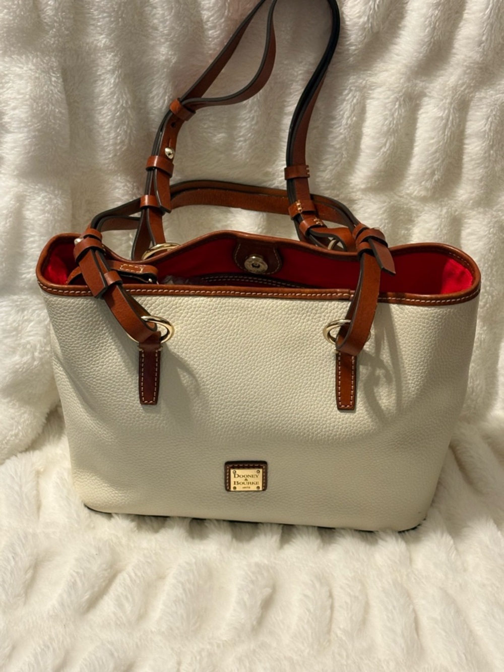 Dooney & Bourke Cream Tote with Brown Trim and Red Interior